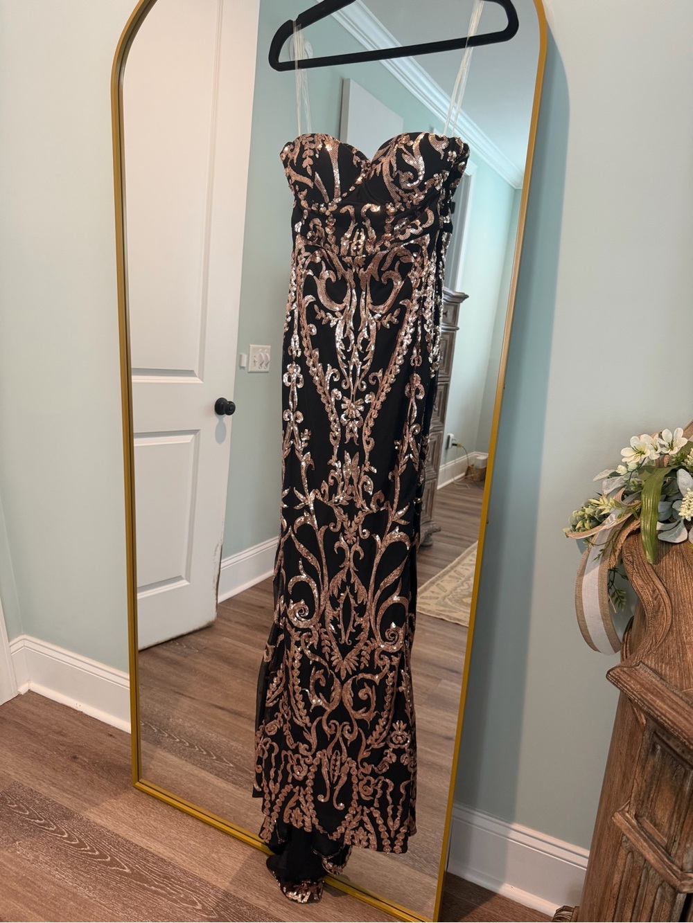 Strapless Black Maxi Dress with Rose Gold Sequin Embroidery